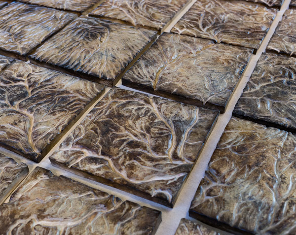 A detail image of several of the tiles. Each is square and has flowing streamline shapes incised into it. Photo by Charles P. Rader.