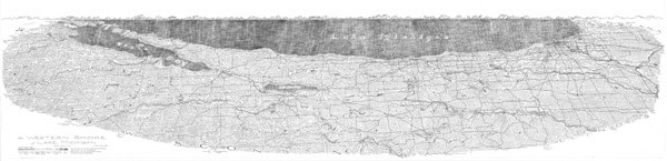 A large, black-and-white map entitled The Western Shore of Lake Michigan. The map is far wider than it is tall, and shows a view of the Lake Michigan from an oblique perspective floating above Wisconsin. Indiana and Michigan can be seen along the edges of the map.