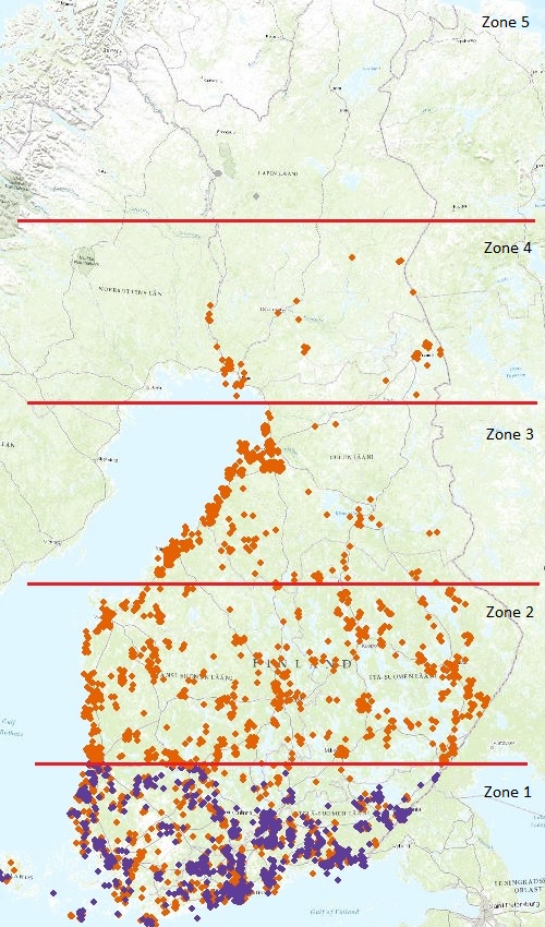 Figure 1. The area is divided into five zones with equal width in a south-north direction. Basemap: Esri 2014.