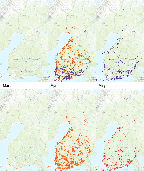 Figure 3. Three screen captures from each animation. The figures in the upper row are from the classified animation, and the lower row shows the corresponding frame in the traditional animation. All captures are from the middle of the month. Basemap: Esri 2014.