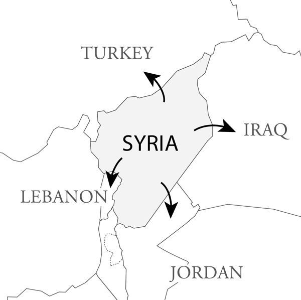 Figure 1. A familiar depiction of Syria and its neighboring countries that uses conventional border symbols (solid and dashed black lines) and smooth, unhindered flow lines showing refugee movement. 