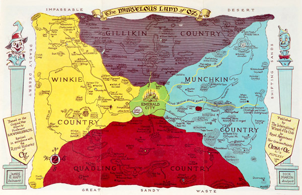 Figure 1. The Marvelous Land of Oz: Based on the Original Map drawn by Professor H.M. Wogglebug, T.E.; Revised in accordance with the Royal Histories of Oz, cartographer James E. Haff, 1975.