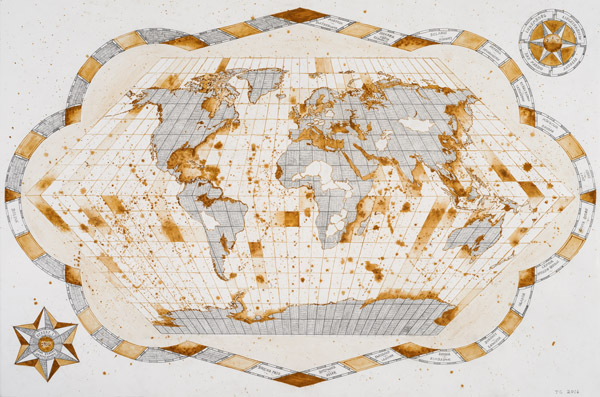 Tracey Clement, Drowned World: Eckert Projection, 2016, pencil and rust on paper, 47.5in × 31.5in.