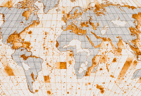 Tracey Clement, Drowned World: Eckert Projection, 2016, pencil and rust on paper, 47.5in × 31.5in.
