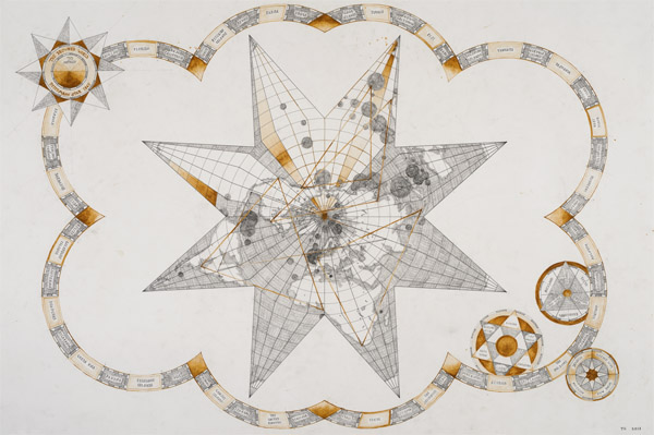 Tracey Clement, Drowned World: Petermann Star, 2014, pencil and rust on paper, 47.5in × 31.5in.