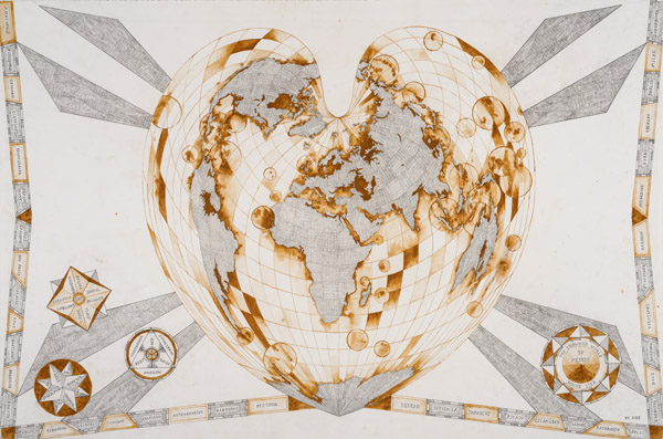 Tracey Clement, Drowned World: Bonne Projection, 2015, pencil and rust on paper, 47.5in × 31.5in.