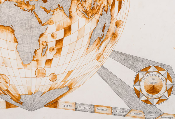 Tracey Clement, Drowned World: Bonne Projection, 2015, pencil and rust on paper, 47.5in × 31.5in.