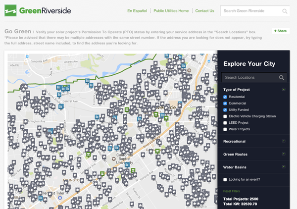 Figure 6. The Green Riverside map uses shape and hue (qualitative) to illustrate the different types of solar installations in the city.