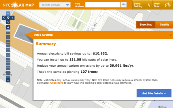 Figure 11. The New York City Solar Map’s calculations after drawing a potential system with the draw tool.