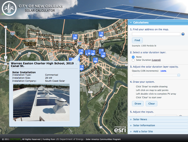 Figure 13. The New Orleans map allows users to explore information. This map also allows users to input parameters to calculate their own solar potential.