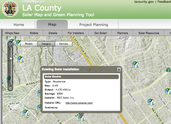 Figure 14. The LA County Solar Map provides users with a large amount of functionality to understand currently installed systems in the area.