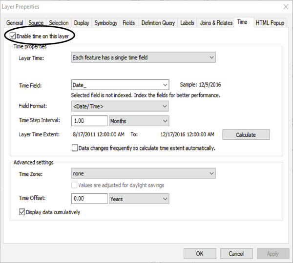 Figure 1. Enabling time on a layer in the ArcGIS Time Slider dialog box.