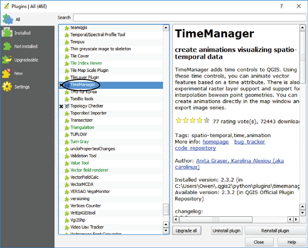 Figure 2. The QGIS Plugins menu, from which the TimeManager plugin is added.