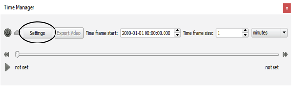 Figure 3. The QGIS TimeManager toolbar. The Settings button is used to access the layer selection dialog.