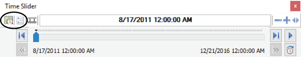 Figure 7. The Enable Time button and Time Slider Options buttons, indicated on the Time Slider toolbar.