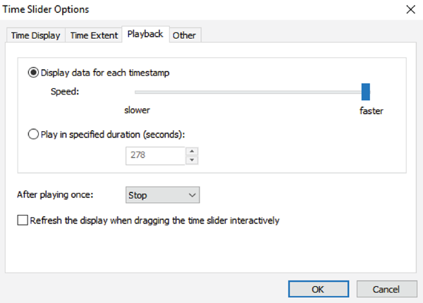 Figure 10. The ArcGIS Time Slider Playback tab allows speed, duration, repeat, and refresh settings to be changed.