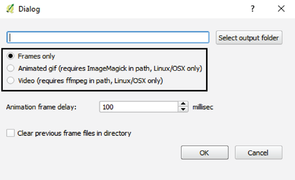 Figure 16. The QGIS TimeManager Export Video Dialog box, with the export format choices indicated.