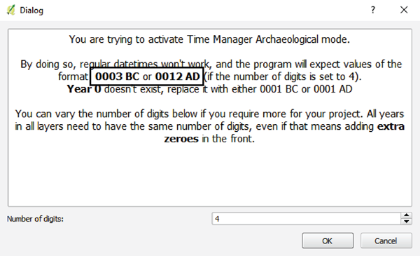 Figure 18. The QGIS Archaeological Date Time dialog box, explaining the required date format.