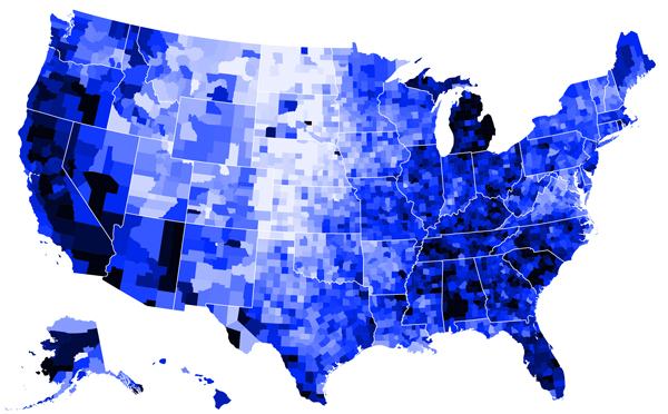 Figure 3. Mapresso continuous-tone map (Herzog 2015). This map shows unemployment rates by county in 2008. This method deals with the issue of extreme values by classing them at the top and bottom. The mapresso applet has since been discontinued due to issues with Java support in web browsers.