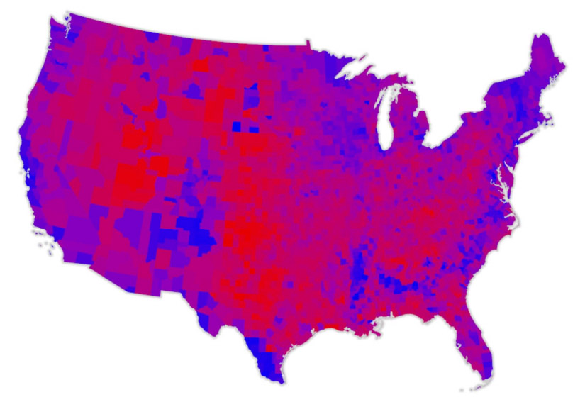 Figure 4. Field's (2013) map shows the presidential election results from 2012. Different shades of blue and red in a diverging color scheme are used to indicate the percent of Republican and Democratic votes in each county.