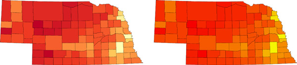 Figure 6. A 999-class QGIS map (left) and a 1,000-class ArcGIS map (right) showing percent of vote for Donald Trump by county in Nebraska. The two programs have different default color ramps. The QGIS map has 81 different colors for the 93 different values while the map from ArcMap only has 43 colors. This difference is likely due to the lack of available colors in Esri’s ArcMap color palette.