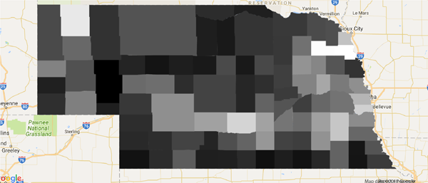 Figure 7. This map of median age in Nebraska (2000) has different shades for every unique value. The data set has 24 duplicate values so only 69 different shades are needed (93 counties – 24 duplicate data values = 69). The minimum difference in data values is 0.1 and the range is 24.2, so 242 different gray shades are needed to create an unclassed map (working example available at: maps.unomaha.edu/cloud). It should be noted here that ArcGIS and QGIS could also produce unclassed maps of this data set.