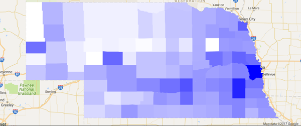 Figure 8. Population density in Nebraska in 2010. In this map, there are 80 different colors used for 85 different data values (including 8 duplicate values). It is not an unclassed map, so a “percent unclassed” value can be calculated. There are five counties that are classified, and 88 counties that are not. Dividing the number of unclassed counties by the total number of counties equals 94.62%. In this case a simple disclaimer, “94.62% Unclassed” OR “Percent Classed: 5.38%,” should be included with the map to describe the amount of classification caused by an insufficient number of colors. Working example available at: maps.unomaha.edu/cloud.