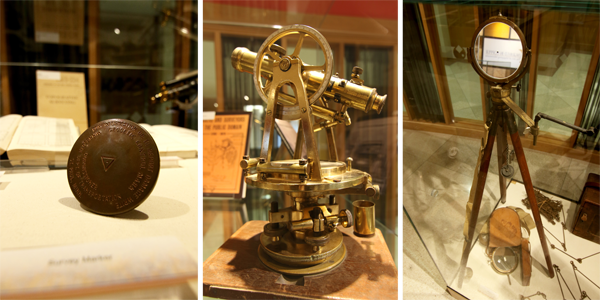 Figure 5. From left to right: survey marker, transit, and heliotrope.