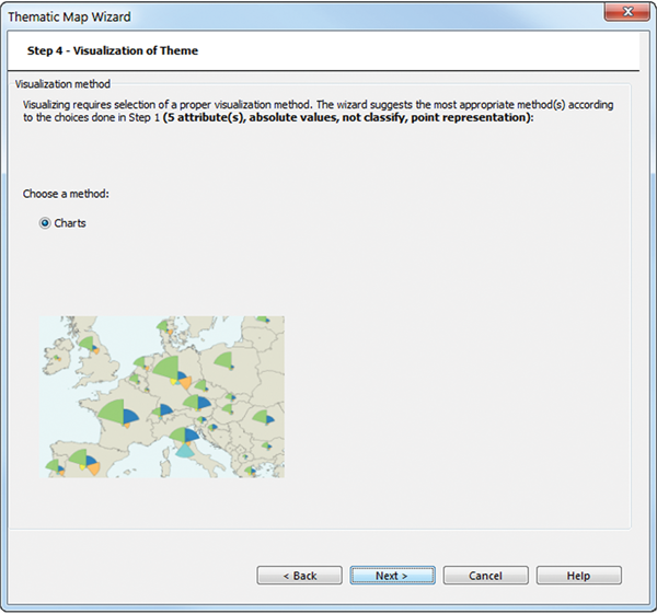 Figure 10. In the fourth step of the wizard, the most appropriate technique for the map is suggested. In this case, it is a chart representation.