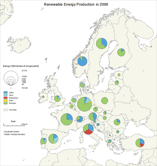 Figure 15. The final thematic map generated by the wizard, showing the renewable energy production in Europe in 2009.