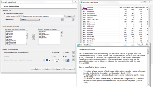 Figure 16. Panels provide information about data classification and a preview of the statistical table.