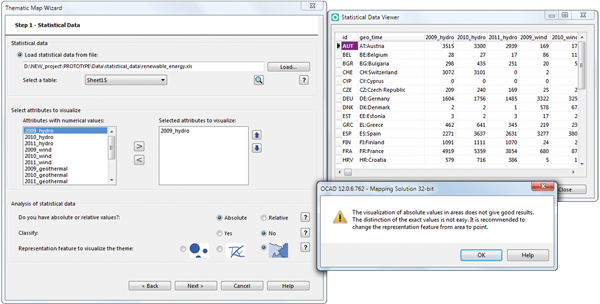 Figure 17. The warning message shown in this case informs the user that they have selected absolute values to visualize hydro energy over areas. This selection would lead to an improper visualization of the phenomenon.