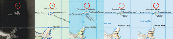 (Re)Discovery: While working on NZMS 3 NZ Mosaic Map sheet N4/9 & N6/5 from 1953 (1), Benjamin Jones, Digitisation Technician, noticed a small island north of Simmonds Islands (see red circle), which he could not see on the then-current 2013 NZTopo50 map (4). Further research revealed the island was last shown on the imperial NZMS 1 NZ Topographic Map in 1977 (2) before disappearing from the metric NZMS 260 Topographic Map published in 1984 (3) and all subsequent maps for over three decades! His finding was forwarded to LINZ who, after its own investigation, confirmed the island’s existence and reinstated it on the most recent edition of NZTopo50 map (5) in 2016.