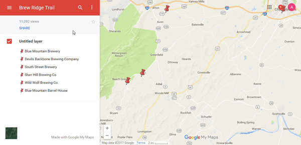 Figure 6. The Brew Ridge Beer Trail (Nelson County Virginia 2017) is an example of how interactive maps can create an unbalanced map layout if they are not designed with visual balance in mind.