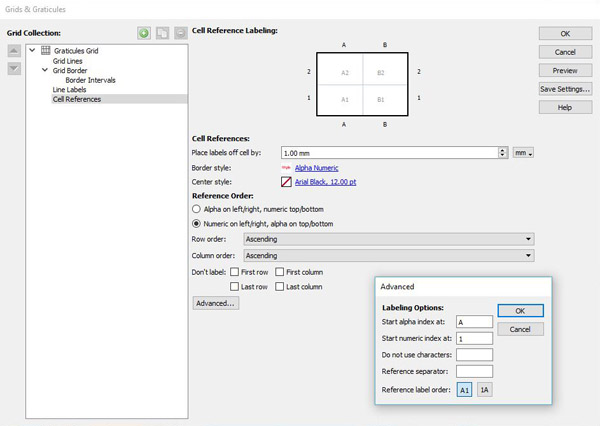 Figure  9. Creating an alphanumeric grid using MAPublisher’s Grid tool.
