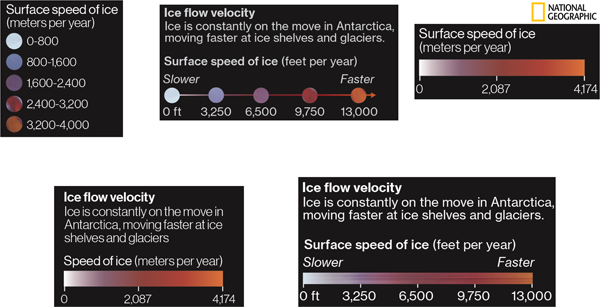 Figure 11. Examples of different iterations of the ice flow velocity key.