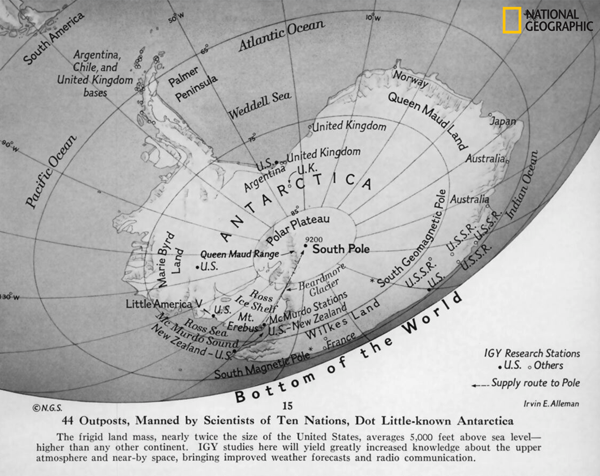 Figure 15. Another instance when Antarctica was portrayed in perspective view was in this July 1957 map of scientific outposts in Antarctica.