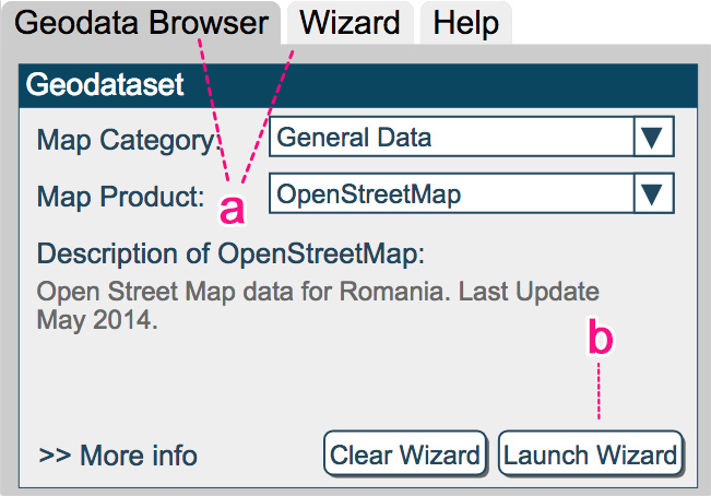 Figure 4. Part of the GUI showing the switch between geoportal and wizard modes using a tab system (a) and direct access to the wizard (b).