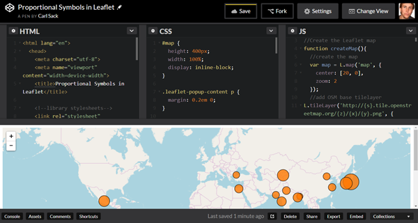 Figure 1. Screenshot of an online web development application (Codepen.io) showing examples of the three basic open web platform languages: HTML, CSS, and JavaScript. The code contained in the three panels works together with external code libraries to generate the interactive web map at the bottom. The circles on the map are generated dynamically using the SVG graphics format (not shown as code).