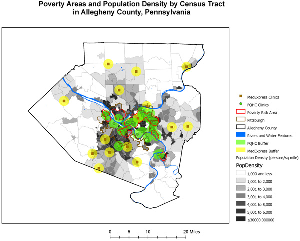 This is a map from a tutorial with various layers describing something—we’re never told what—about health clinic accessibility in Pittsburgh, PA.