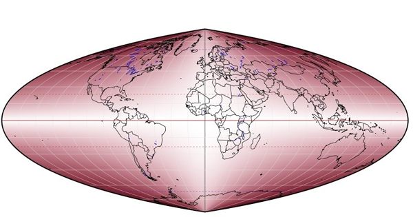 Figure 10. Darker colors represent increasing angular distortion on the quartic authalic pseudocylindric projection. Color gradations were available in Geocart starting in 2010. Image created in Geocart (www.mapthematics.com).