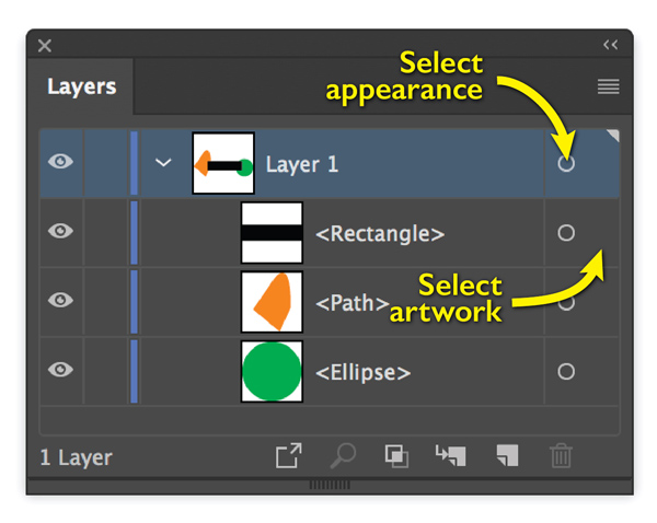 Figure 4. Circles for selecting appearances, and zones for selecting individual artwork elements.