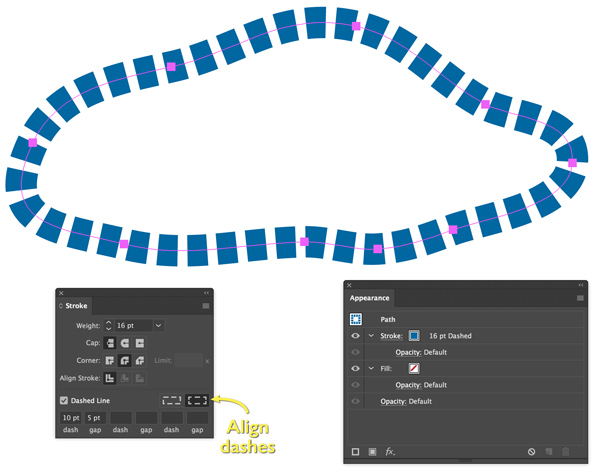 Figure 12. Creating a simple blue dash, aligned to corners.