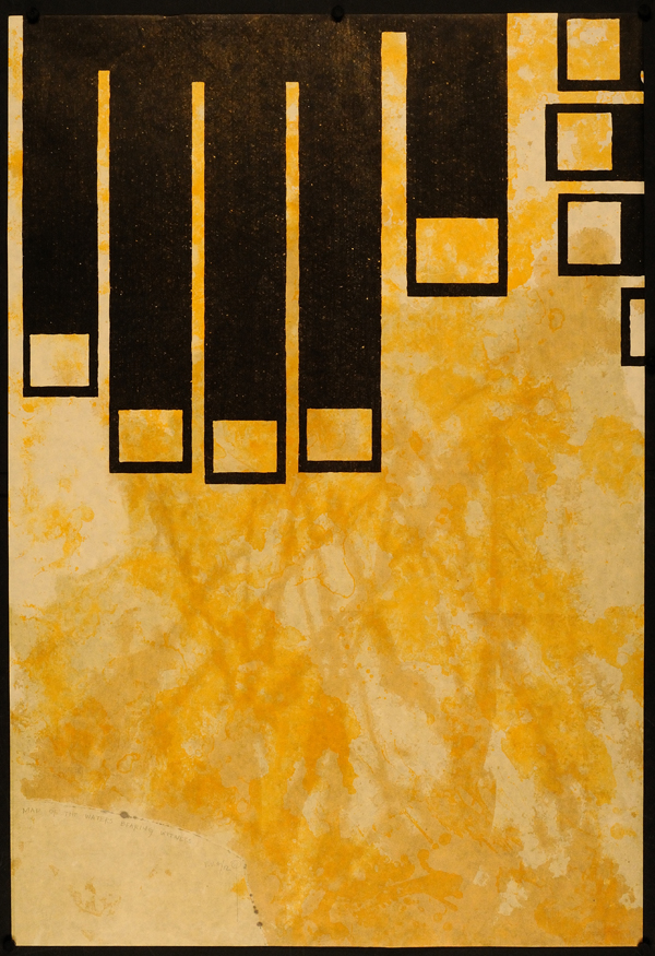 Map of the Waters Bearing Witness (When Buddha Touched the Earth on the Phalgu–Ganges Rivers at BodhGaya, India), 37 by 25 in. Stone lithograph on Sakamoto, 2010.