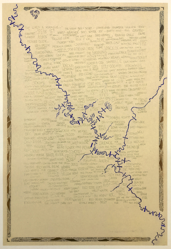 The Way Across (Northern Rocky Mountains roadless areas, passes & continental divides, British Columbia, Alberta & Montana), 42 by 31 in. Lithograph, Flocking, Relief & Chine-collé on Kozo mounted on German Etching, 2017.